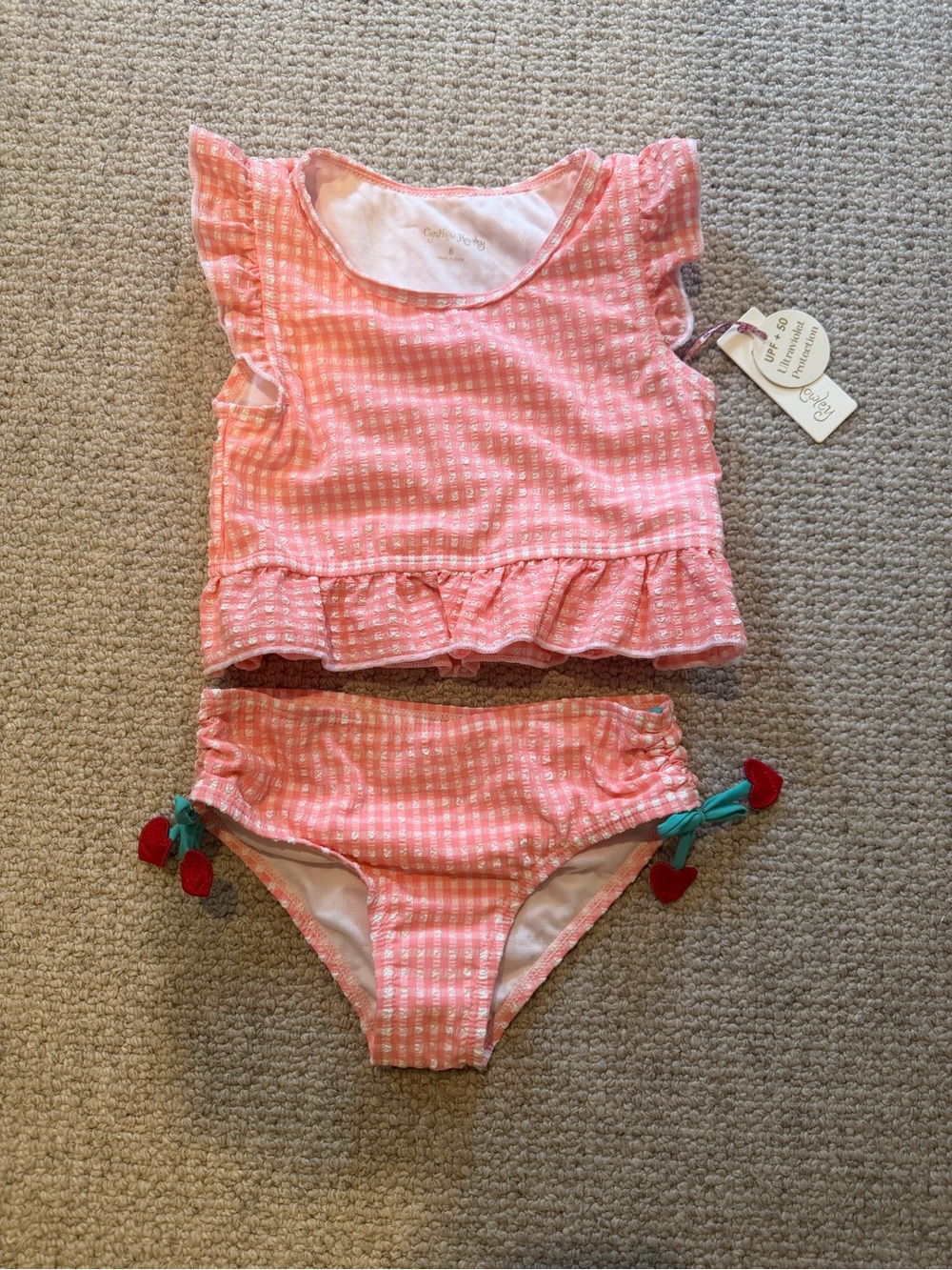Cynthia Rowley Pink Gingham Ruffle Kids Two-Piece Bikini with Cherry Ties